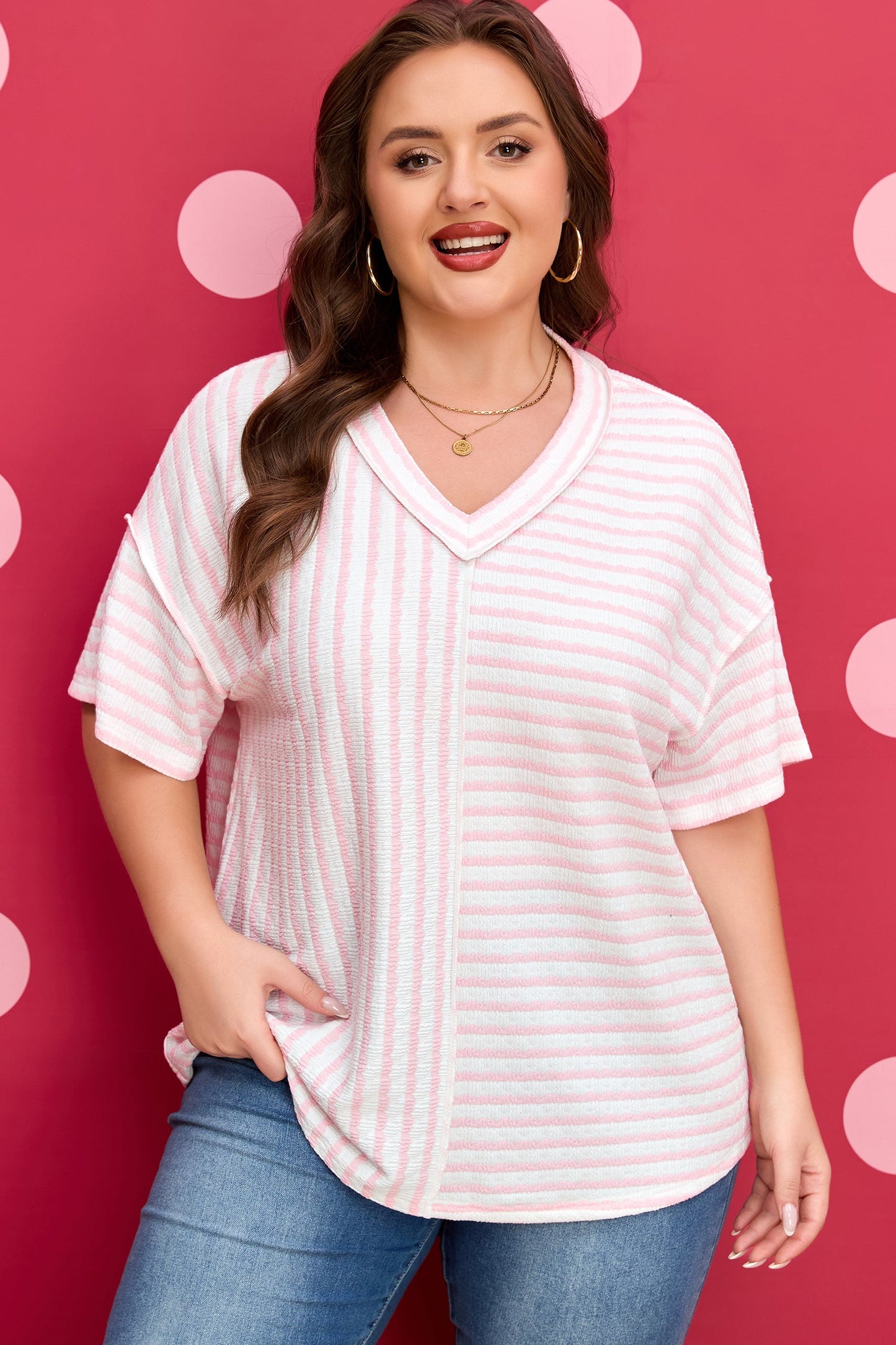 Nora - Striped V-Neck Tee with Seam Detail — plus-size top, Kothlis