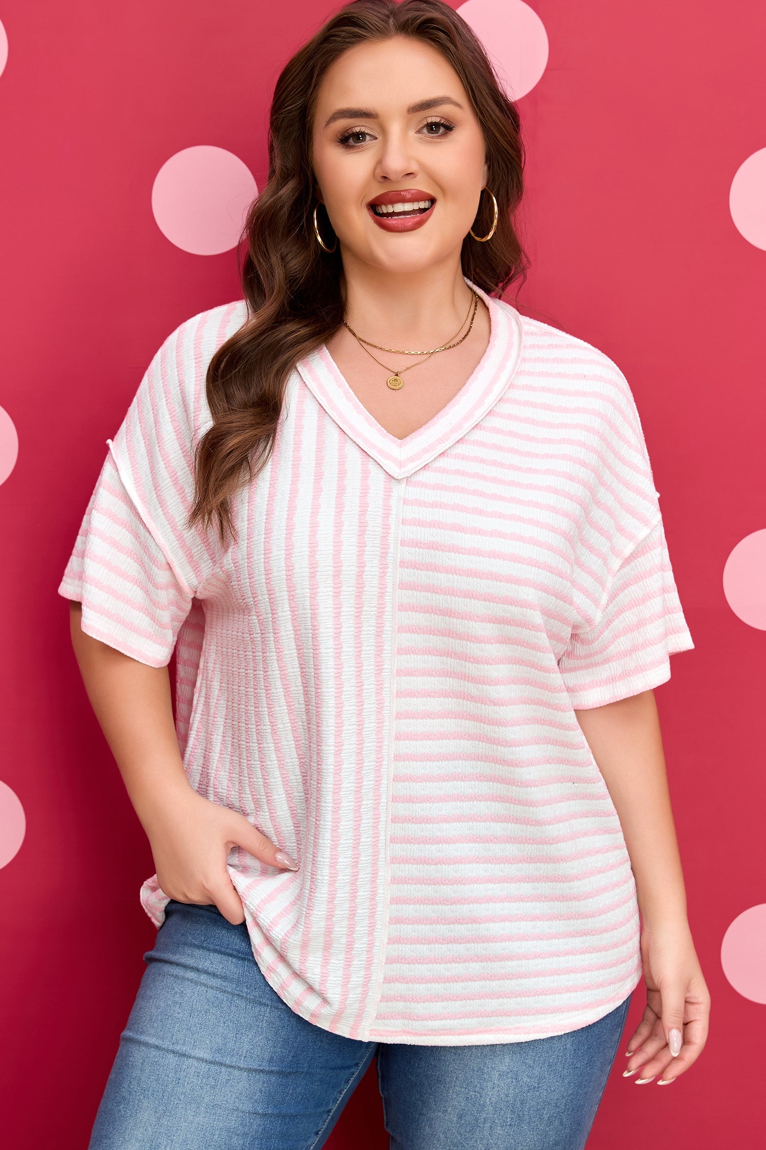 Nora - Striped V-Neck Tee with Seam Detail — plus-size top, Kothlis