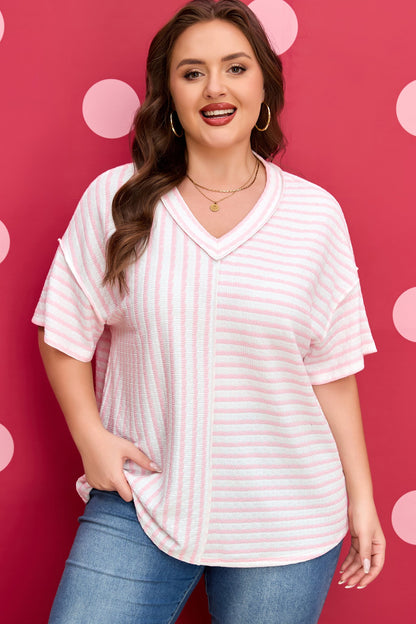 Nora - Striped V-Neck Tee with Seam Detail — plus-size top, Kothlis