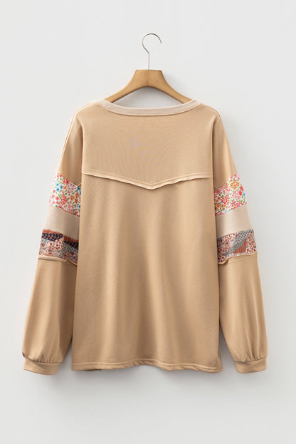Khaki Floral Patchwork Relaxed Top — plus-size sweatshirt, Kothlis