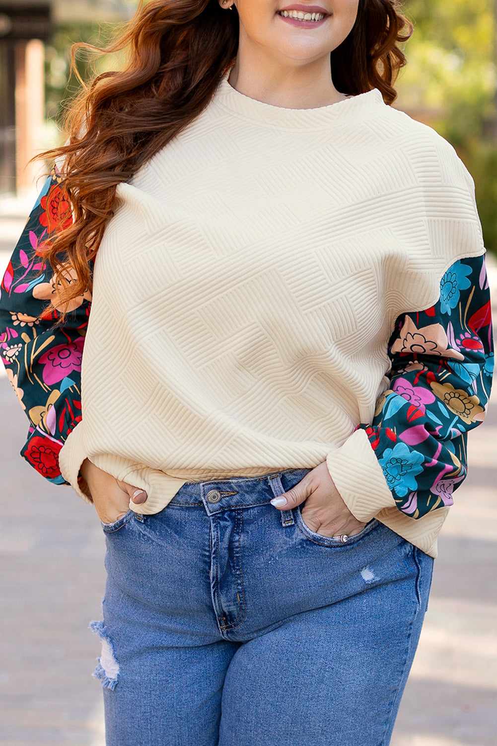 White Floral-Sleeve Textured Pullover — plus-size long-sleeve top, Kothlis