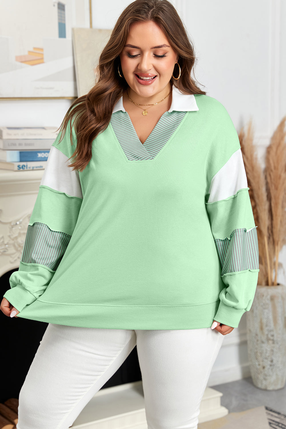 Moonlight Jade V-Neck Colorblock Sweatshirt — plus-size sweatshirt, Kothlis