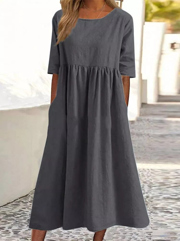 Cotton-Linen Pocket Midi - Round Neck — plus-size dress, Kothlis