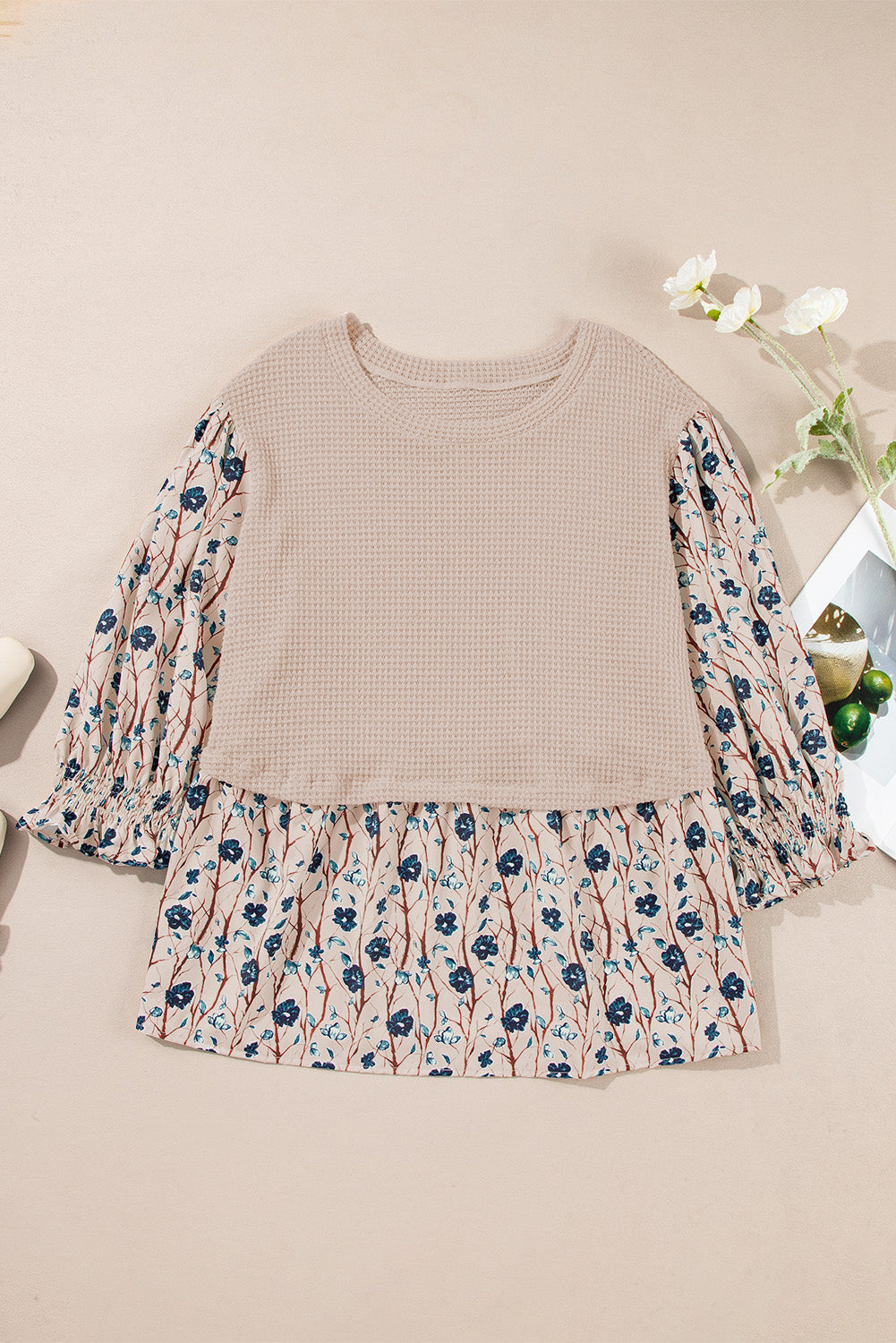 Beige Faux Two-Piece Floral Knit Top — plus-size long-sleeve top, Kothlis