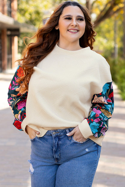 White Floral-Sleeve Textured Pullover, plus size top, from Kothlis