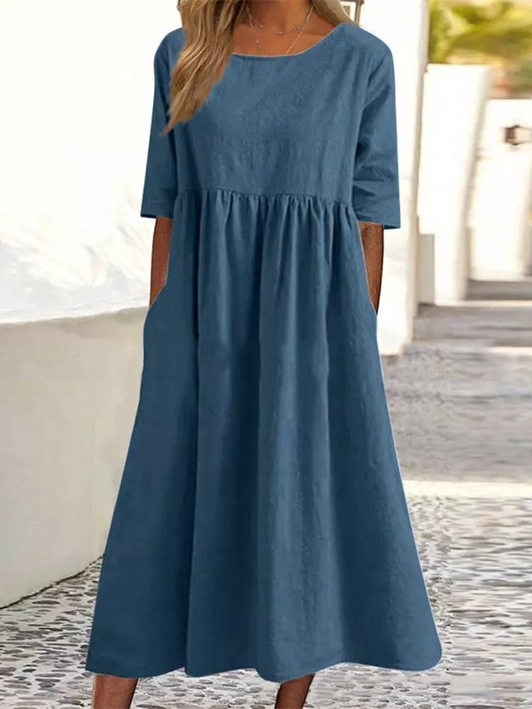 Cotton-Linen Pocket Midi - Round Neck — plus-size dress, Kothlis