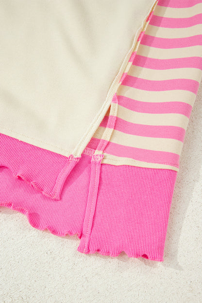 Pink Stripe Polo-Collar Drop-Shoulder Pullover — plus-size sweatshirt, Kothlis