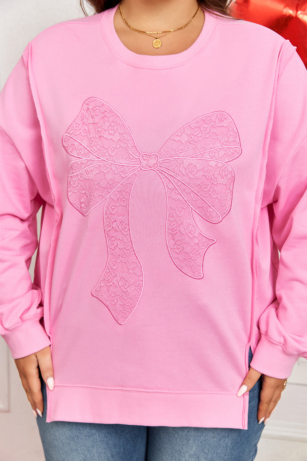 Pink Big-Bow Lace Dolman Sweatshirt — plus-size sweatshirt, Kothlis