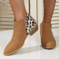 Women's Leopard Print Chunky Heel Boots | Pointed Toe Back Zipper Suede