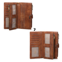 Women's Vintage Tri-Fold Wallet with RFID Protection - Oil Wax Leather Long Purse