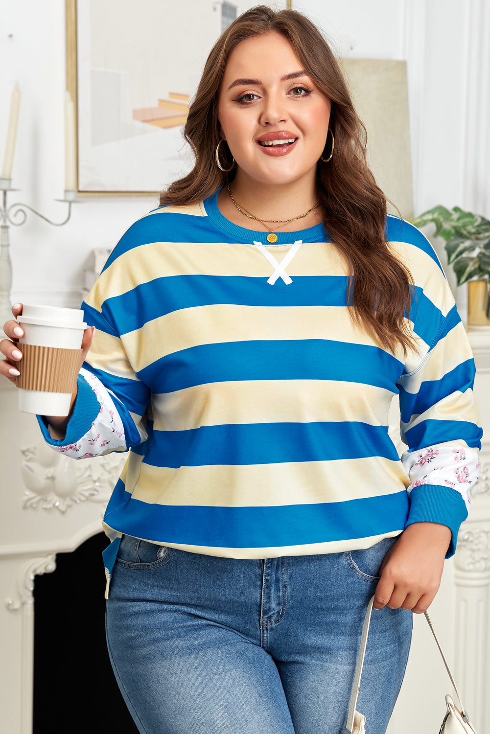 Blue Stripe Floral Drop-Shoulder Pullover, plus size sweatshirt, from Kothlis