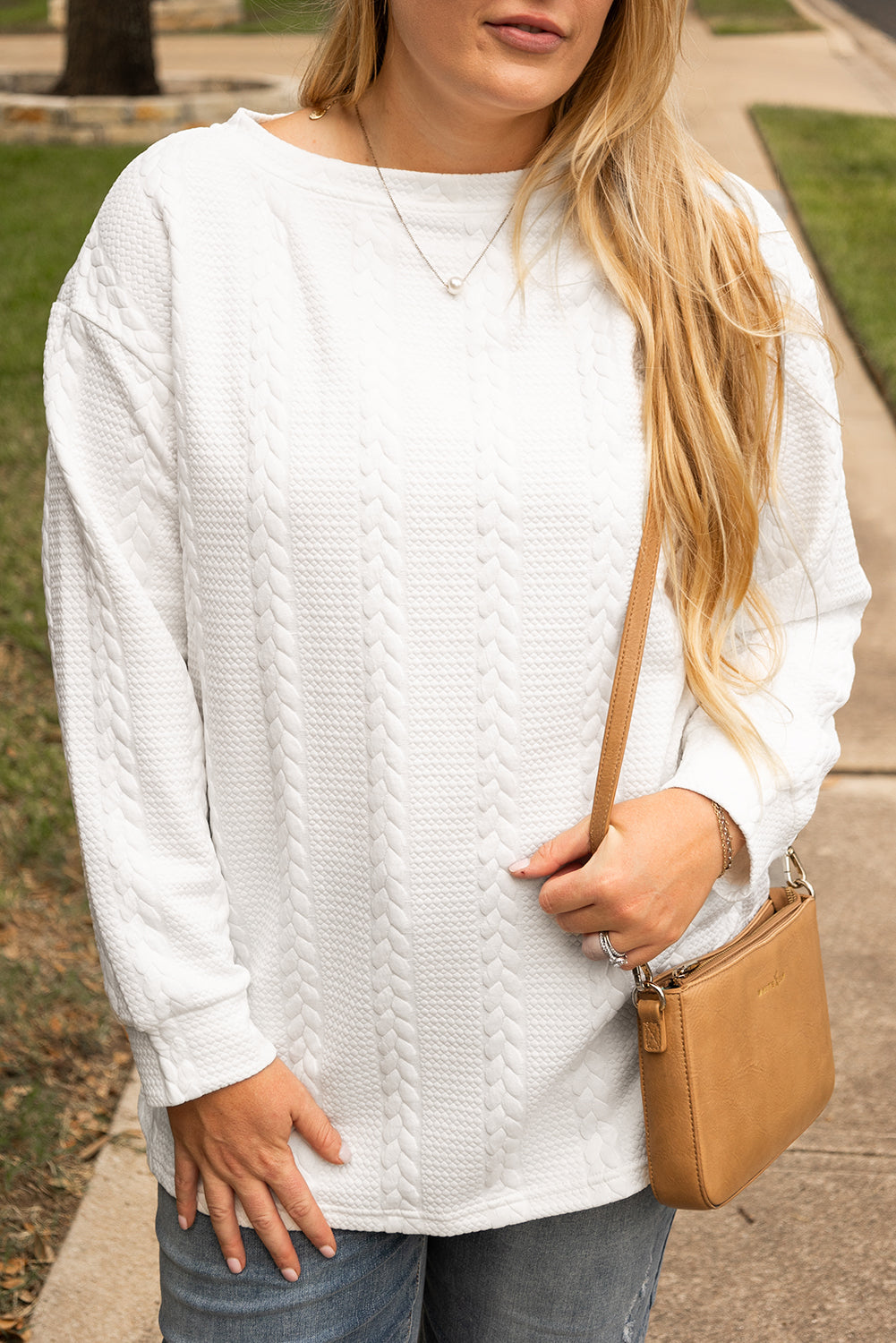 White Cable-Knit Relaxed Sweatshirt — plus-size sweatshirt, Kothlis