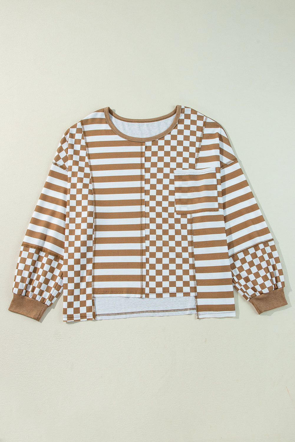 Khaki Stripe + Check Mixed-Print Pocket Top — plus-size long-sleeve top, Kothlis