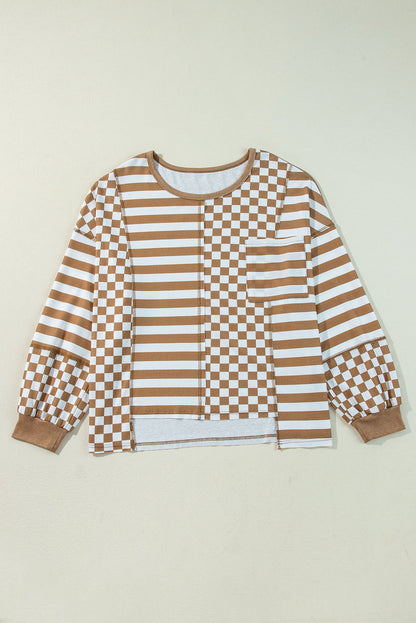 Khaki Stripe + Check Mixed-Print Pocket Top — plus-size long-sleeve top, Kothlis
