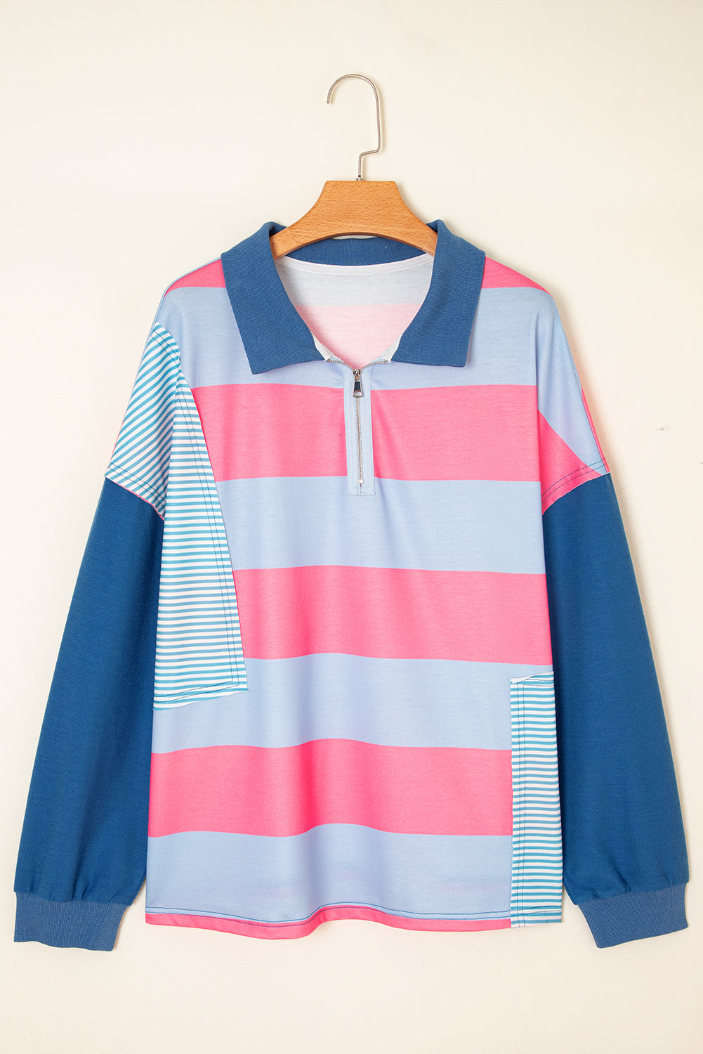 Blue Stripe Zip-Up Colorblock Pullover — plus-size sweatshirt, Kothlis