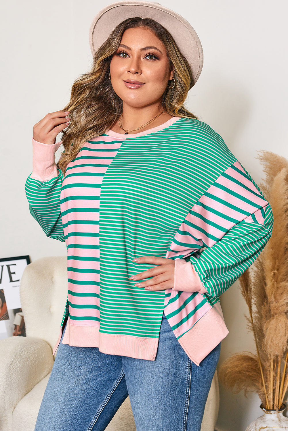 Green Stripe Side-Slit Colorblock Sweatshirt — plus-size sweatshirt, Kothlis