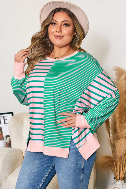 Green Stripe Side-Slit Colorblock Sweatshirt — plus-size sweatshirt, Kothlis