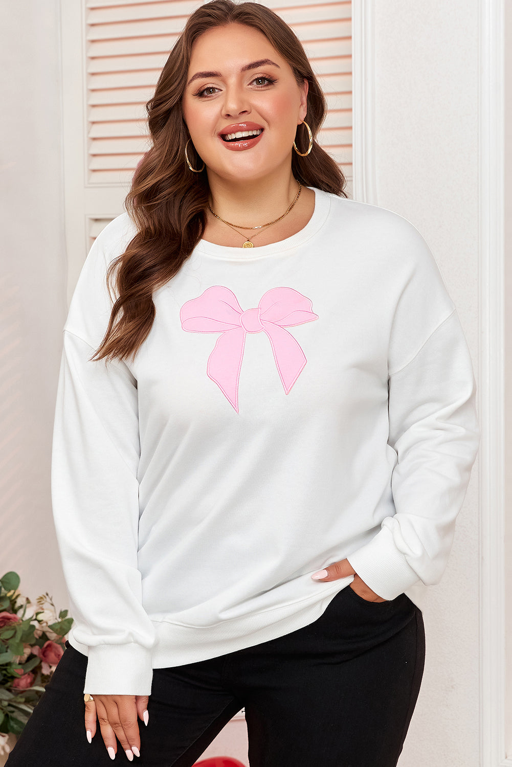 Beige Big-Bow Drop-Shoulder Sweatshirt — plus-size sweatshirt, Kothlis