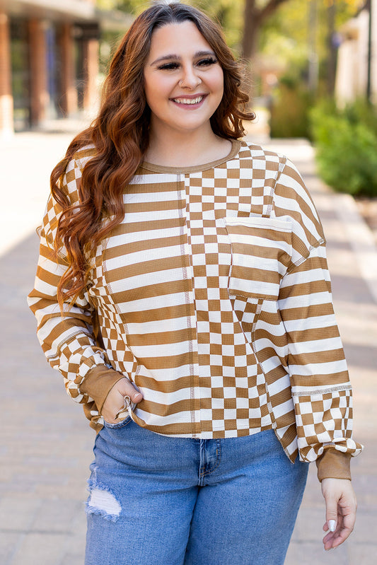 Khaki Stripe + Check Mixed-Print Pocket Top, plus size top, from Kothlis