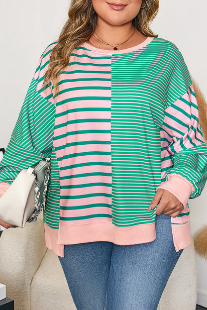 Green Stripe Side-Slit Colorblock Sweatshirt — plus-size sweatshirt, Kothlis