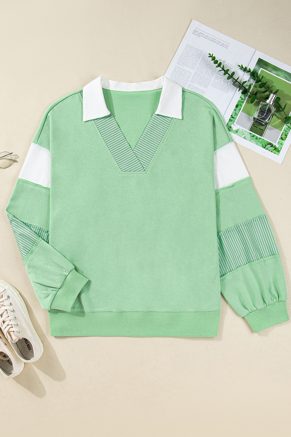 Moonlight Jade V-Neck Colorblock Sweatshirt — plus-size sweatshirt, Kothlis