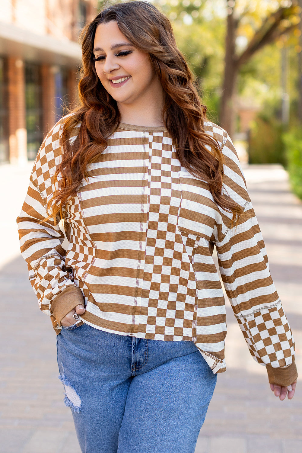 Khaki Stripe + Check Mixed-Print Pocket Top — plus-size long-sleeve top, Kothlis