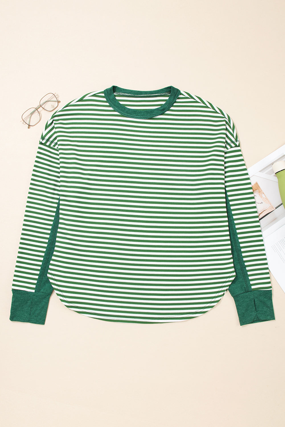 Green Stripe Thermal - Exposed-Seam Patchwork — plus-size long-sleeve top, Kothlis