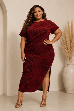 Gia Plus Size Shimmer Knit Top and Midi Skirt Set for Women