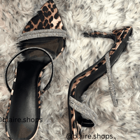 Leopardesse Leopard Print Pointy Toe Stiletto Rhinestone Slides